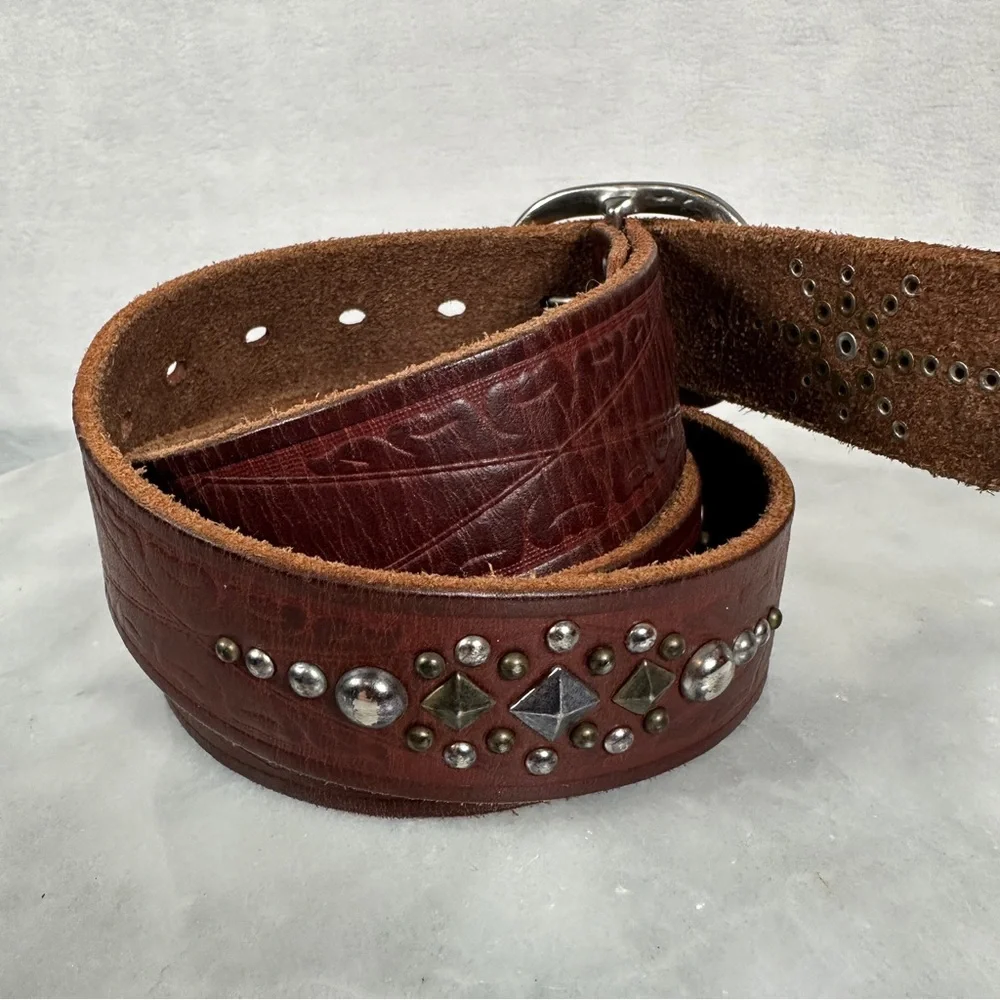 Brown Leather Studded Belt‎ boho bohemian silver biker western southwest